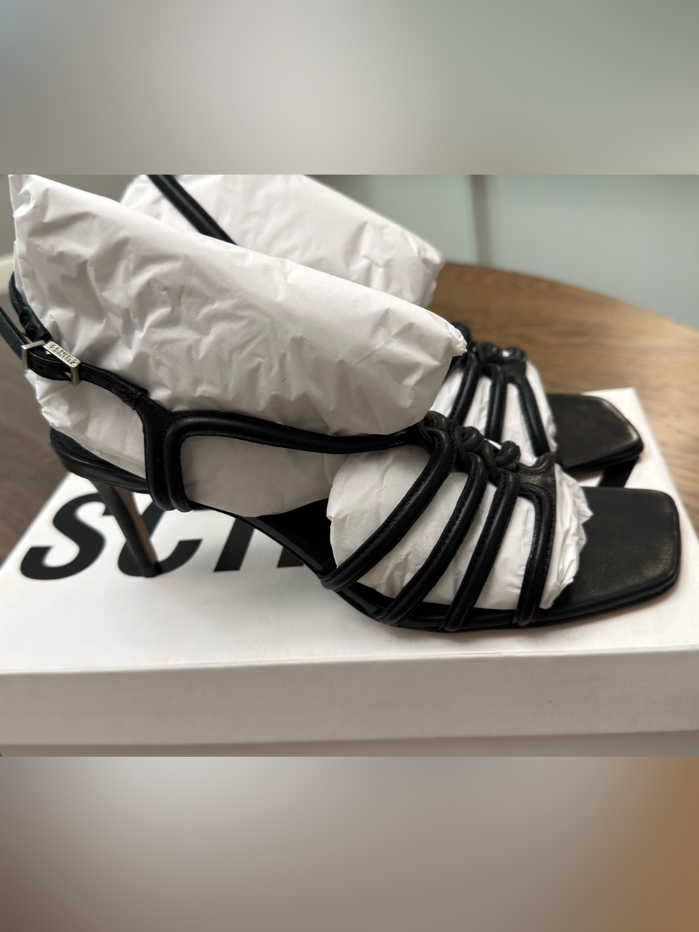 Schutz Octavia Mid Black Calf Leather Heeled Sandals NIB Size 7B